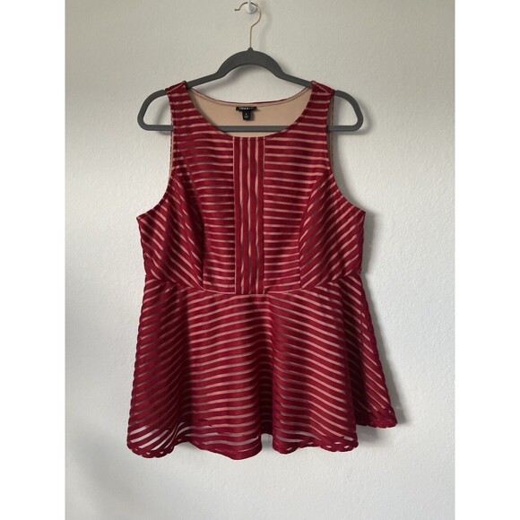 Torrid Red Beige Lined Knit Shadow Stripe‎ Peplum Textured Top Blouse 1X Sheer - Picture 1 of 9